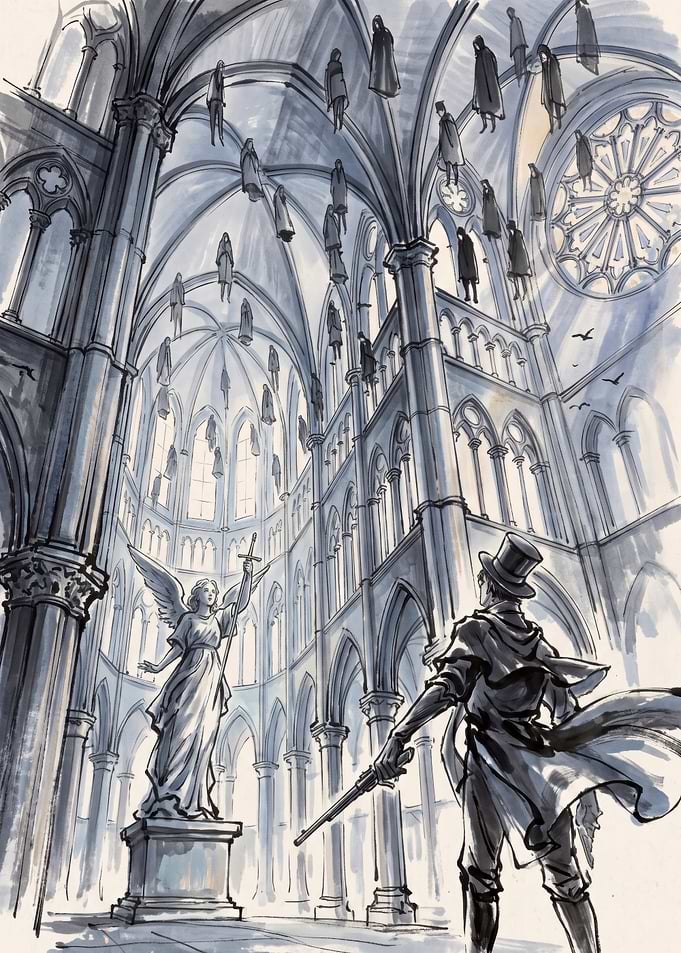 Hunter Confronting Floating Figures in Cathedral