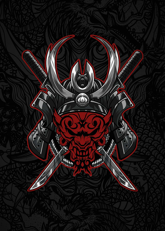 Samurai Oni Mask and Katana Emblem