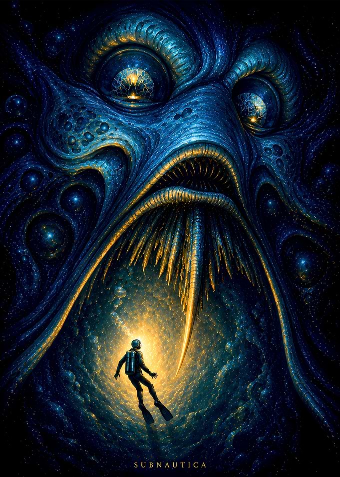 Subnautica Diver Facing Cosmic Horror