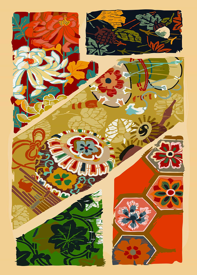 Traditional Japanese Floral Pattern Collage