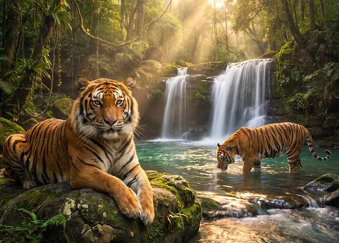 Tigers in a Lush Tropical Waterfall