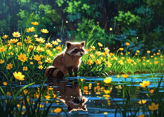 Raccoon by a Rainy Pond