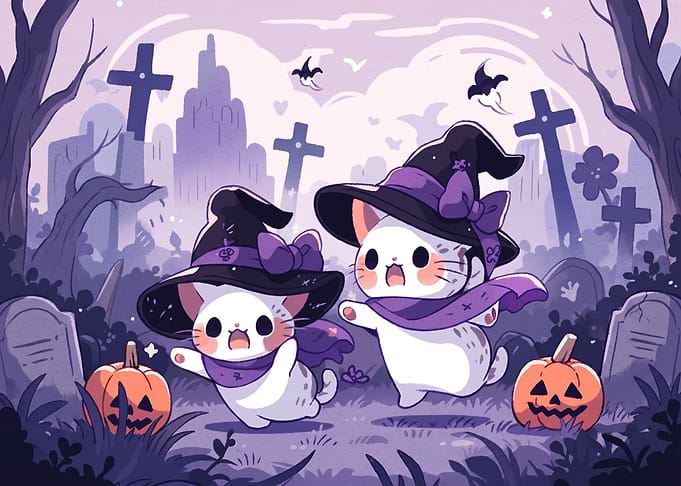 Cute Halloween Kittens in Graveyard