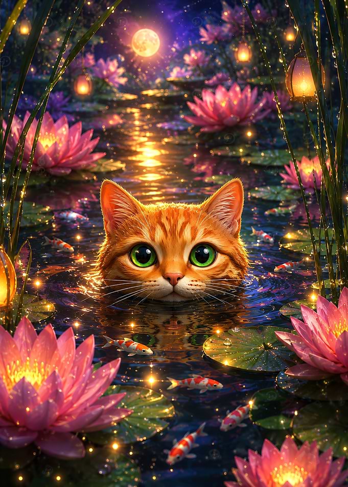 Orange Cat in Magical Lotus Pond