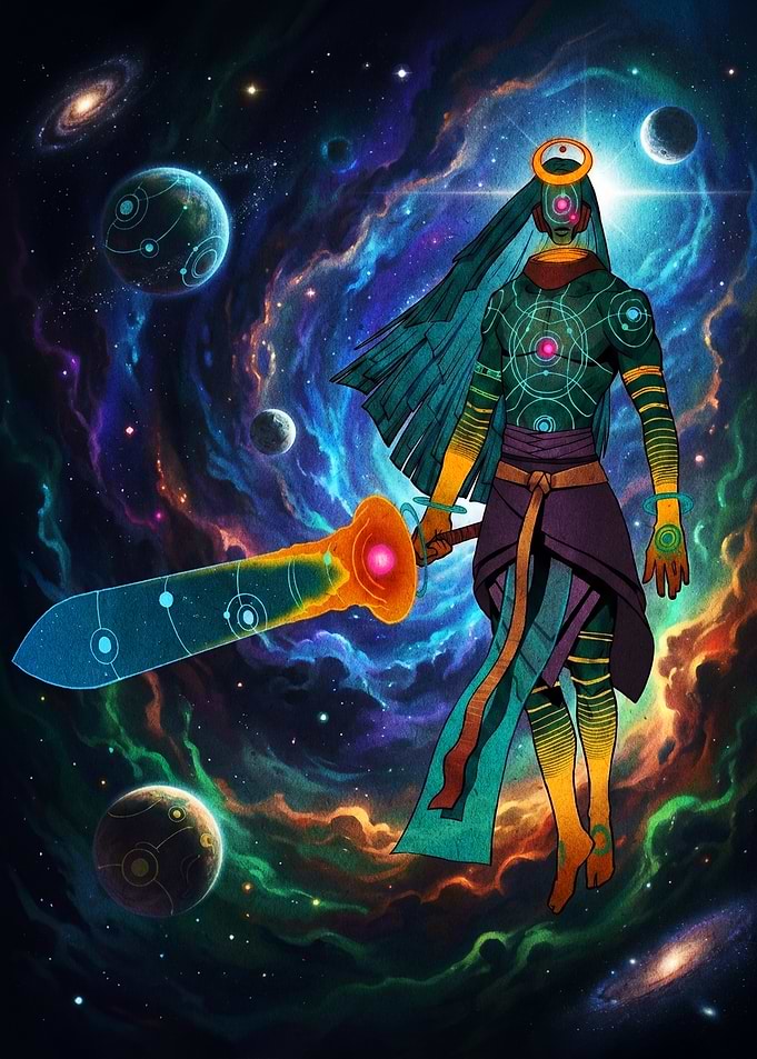 Cosmic Celestial Warrior with Energy Sword