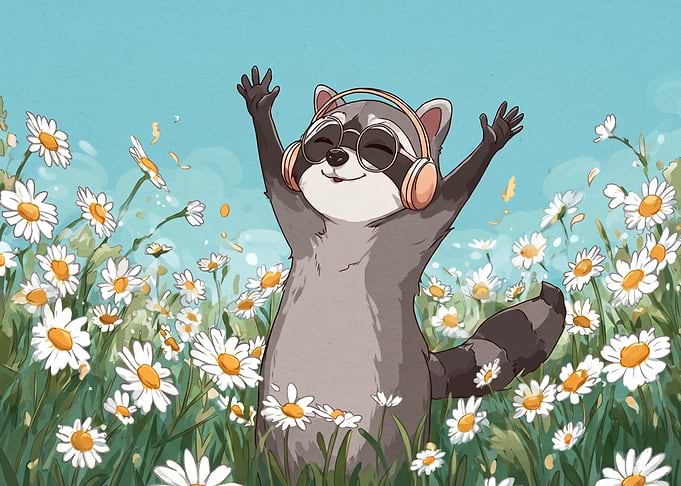 Happy Raccoon Listening to Music
