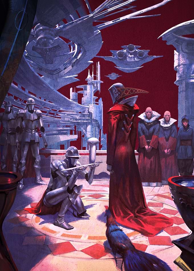 Sci-Fi Knight Kneeling Before Royalty