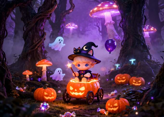 Cute Witch in Pumpkin Carriage
