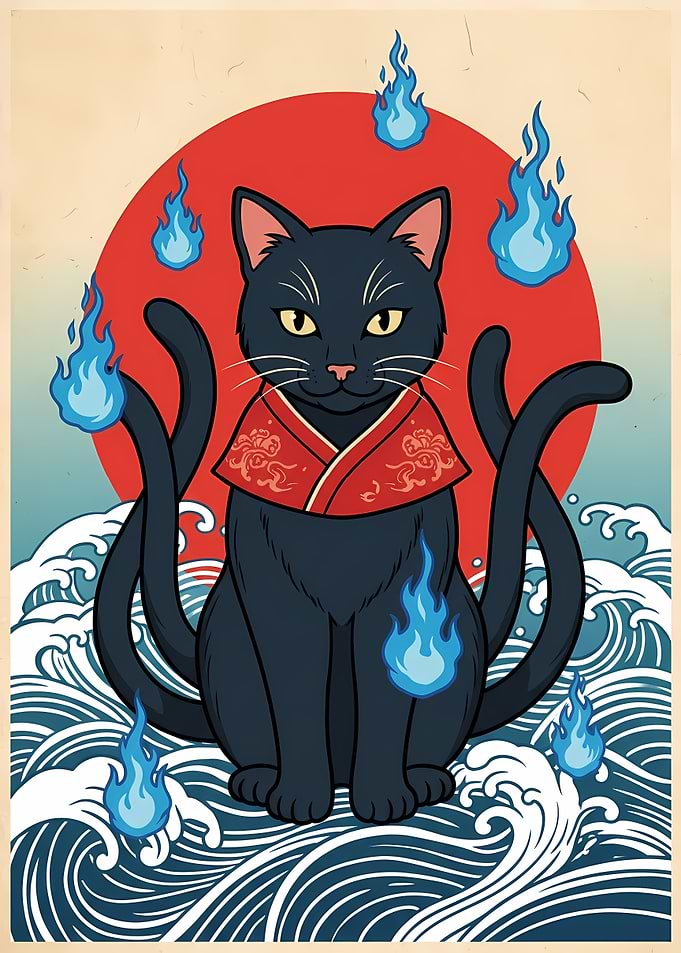 Mystical Multi-Tailed Black Cat Illustration