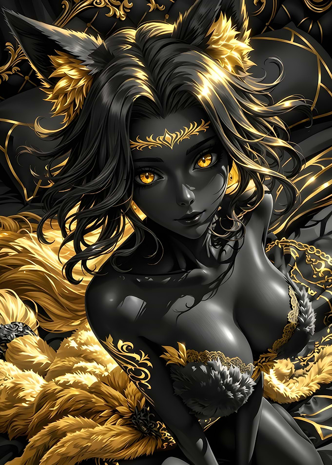 Elegant Black and Gold Kitsune Girl