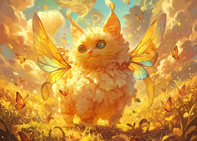 Whimsical Fairy Cat in Golden Meadow