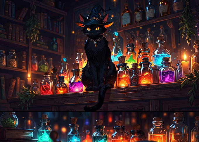 Black Cat Witch in Potion Shop
