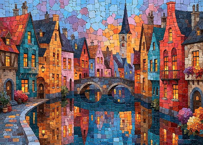 Colorful Mosaic Canal Town Scene