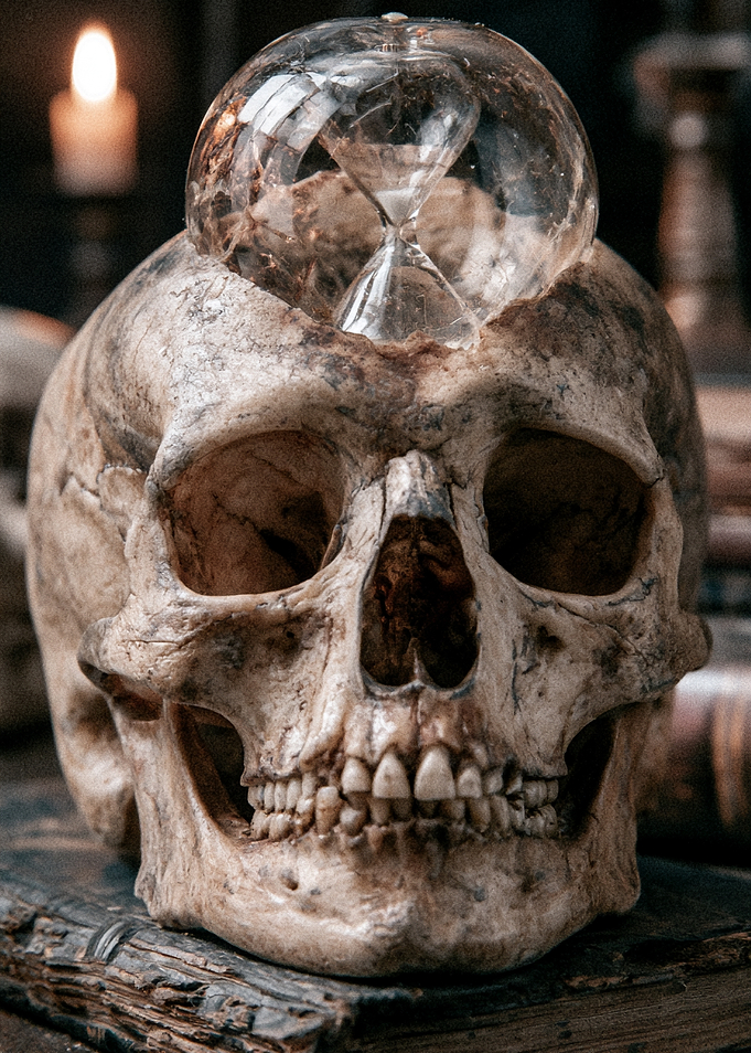 Human Skull with Glass Hourglass