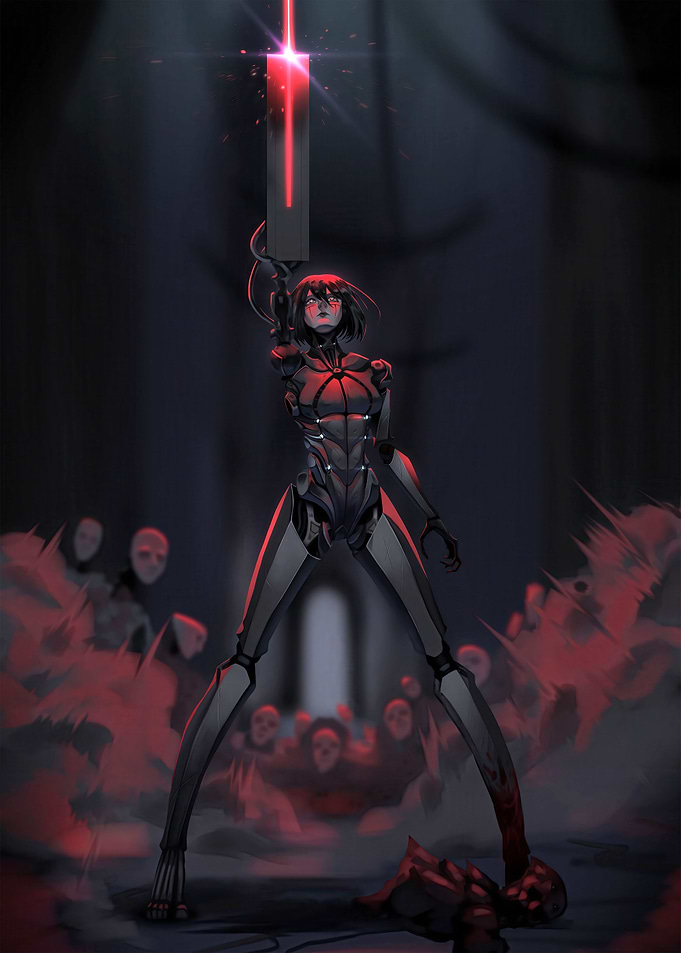 Cyborg Warrior with Glowing Red Blade