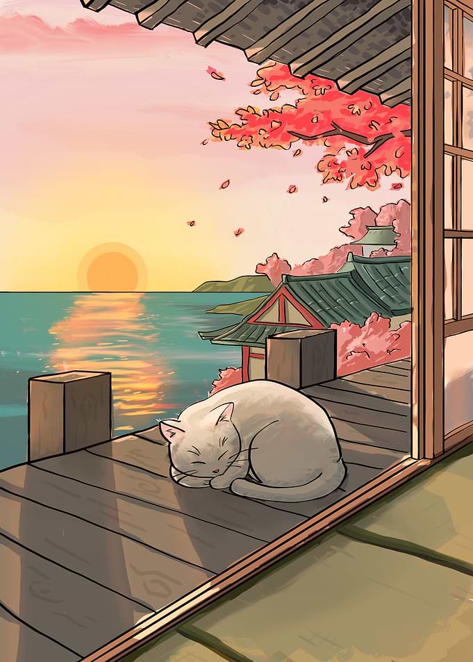 Sleeping Cat at Japanese Sunset