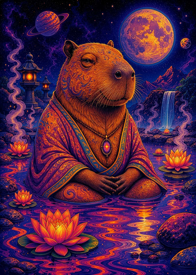 Zen Capybara Meditating in Cosmic Pond