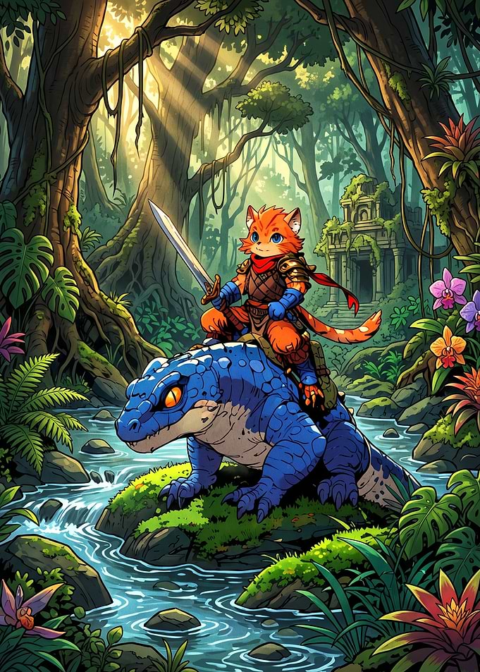 Cat Warrior Riding Blue Lizard