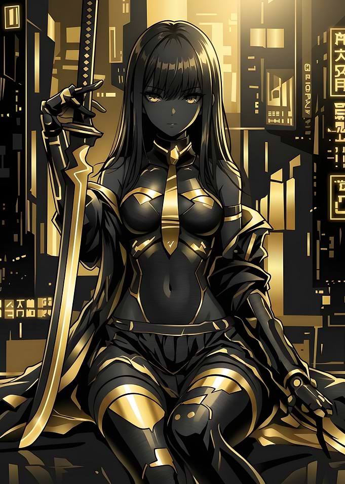 Cyberpunk Warrior Girl with Golden Katana