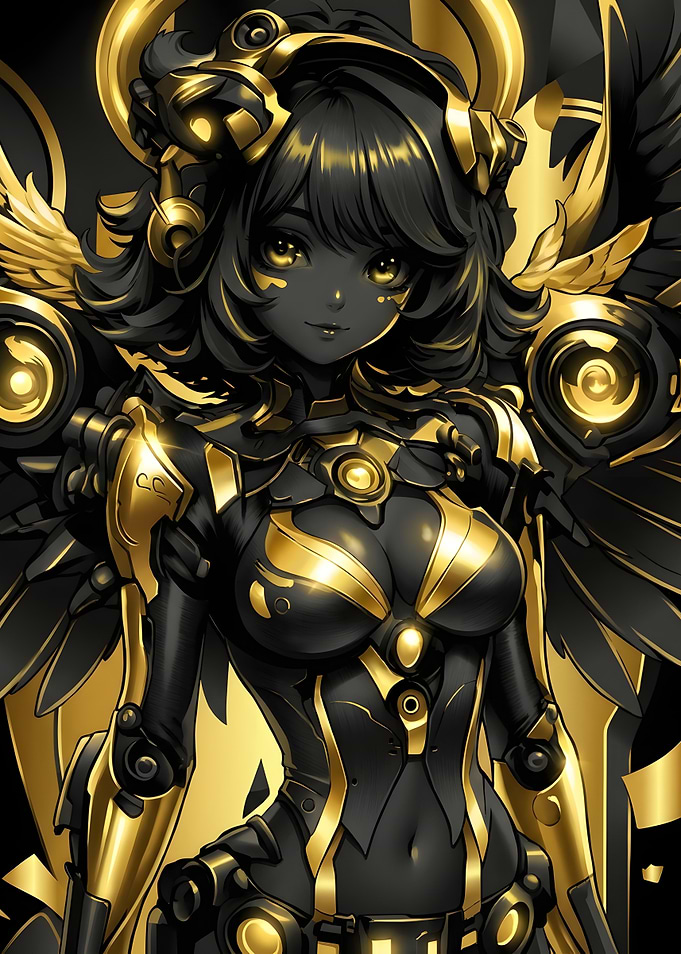 Black and Gold Cybernetic Anime Angel