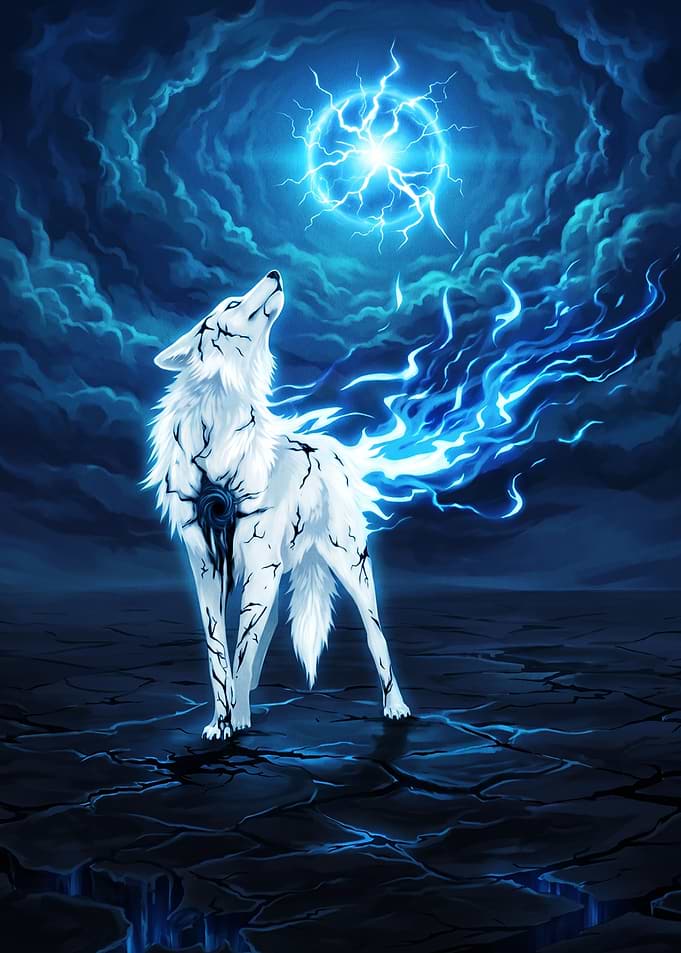 Mystical White Wolf with Blue Lightning
