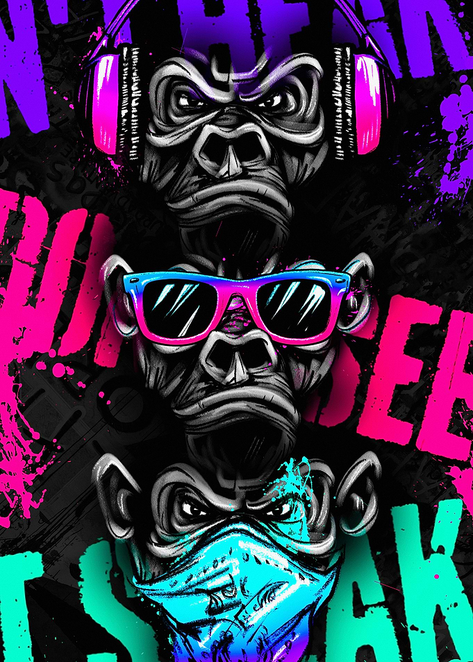 Three Wise Monkeys Neon Gorilla Art