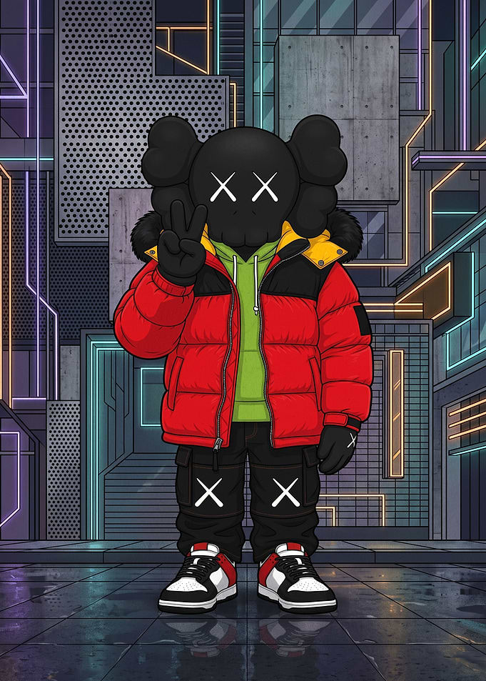 KAWS Character in Cyberpunk City