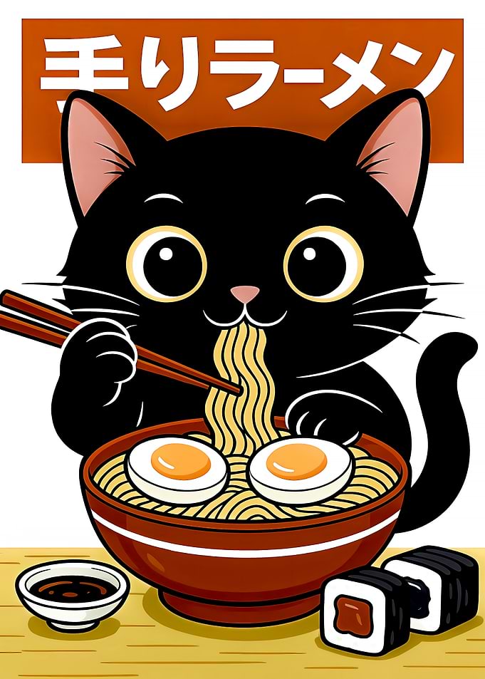 Cute Black Cat Eating Ramen