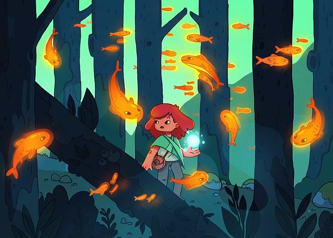 Girl Exploring Magical Glowing Forest
