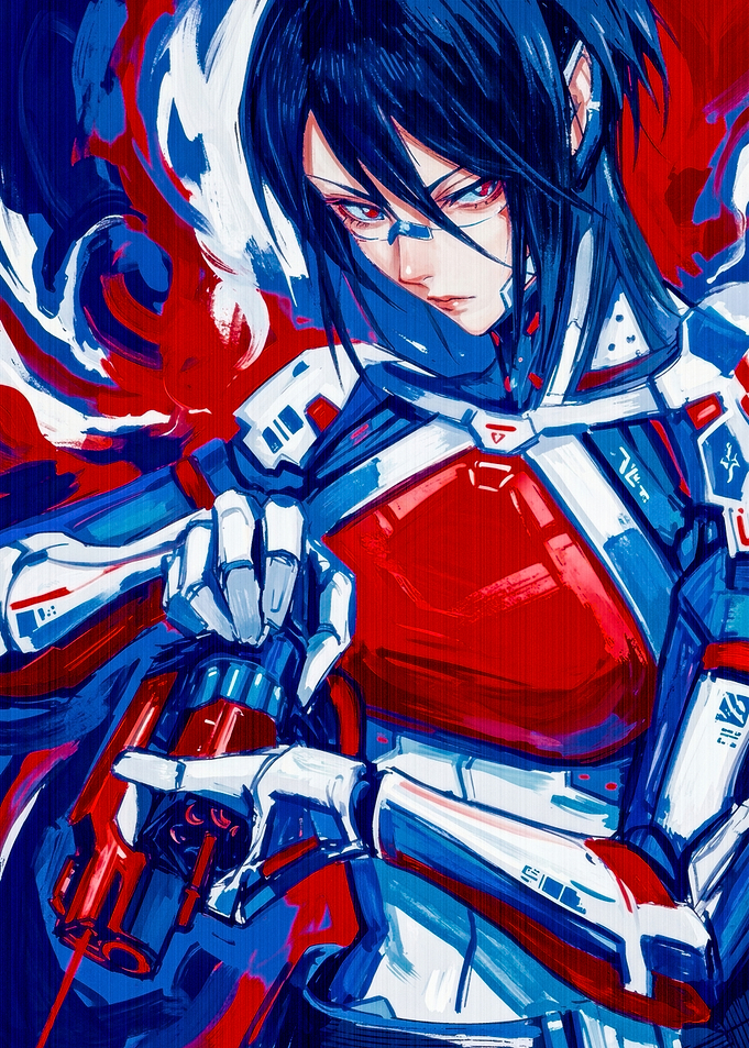 Cybernetic Anime Warrior with Red Gun
