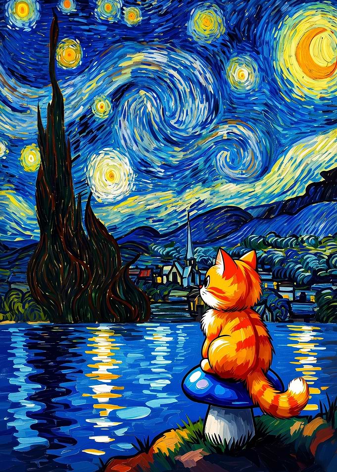 Cat Sitting on Mushroom Starry Night