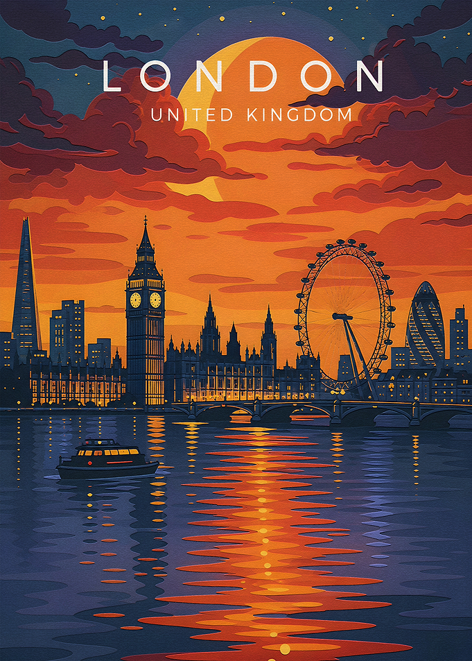 London Skyline Sunset Travel Poster
