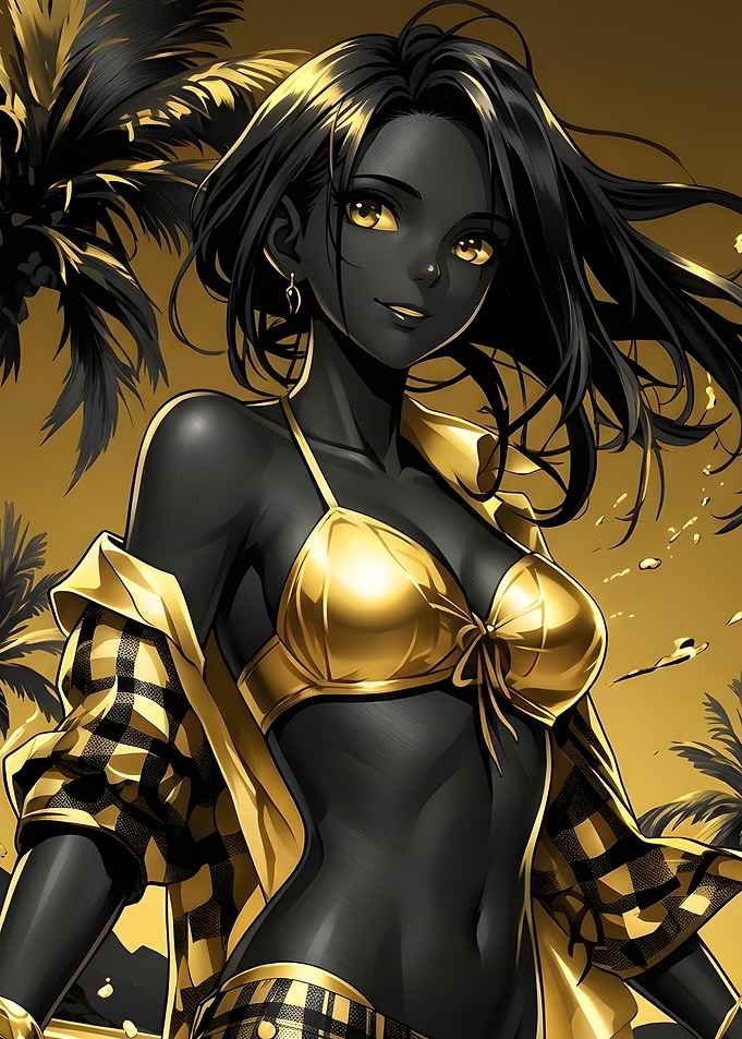 Golden Anime Girl in Tropical Setting