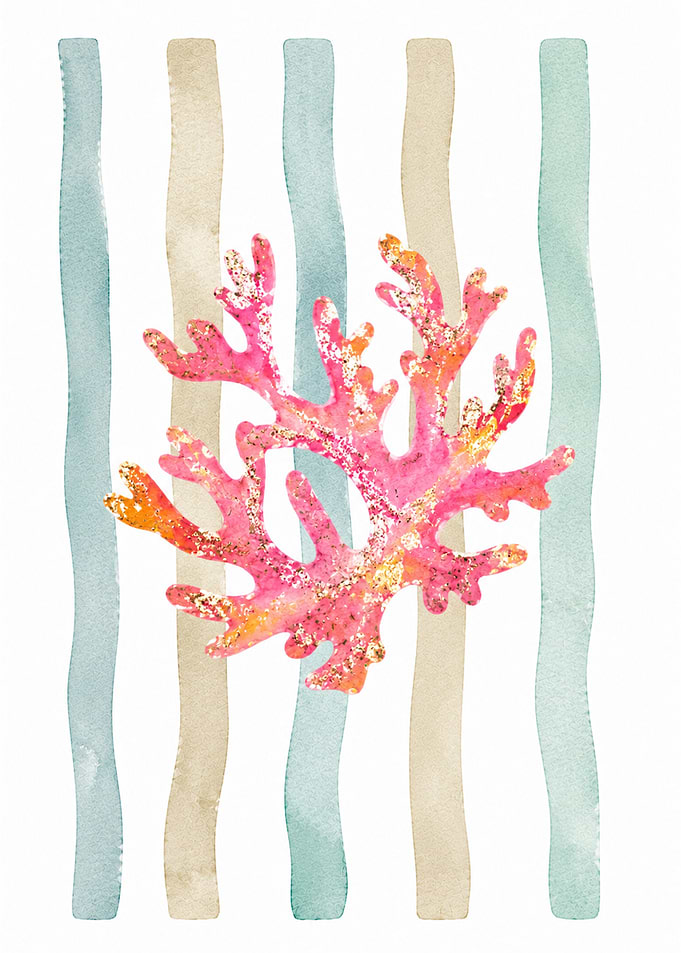 Watercolor Pink Coral with Striped Background