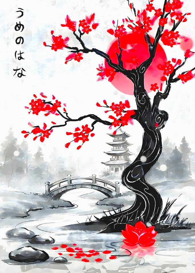 Japanese Plum Blossom Landscape Art