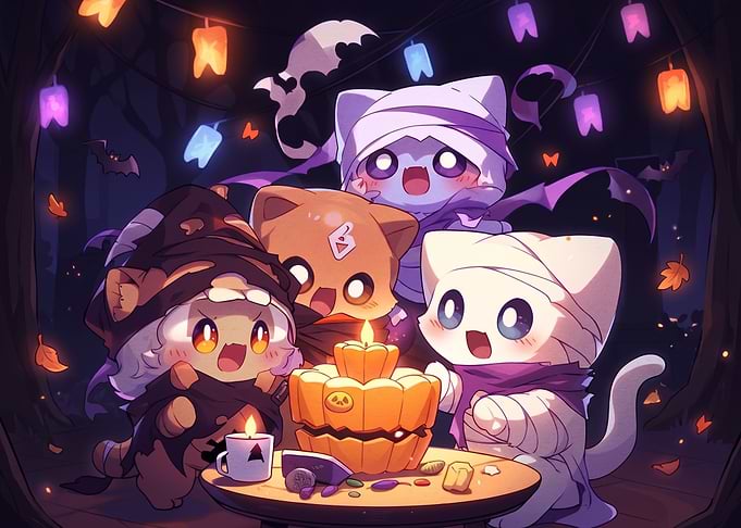 Cute Halloween Cats Celebrating