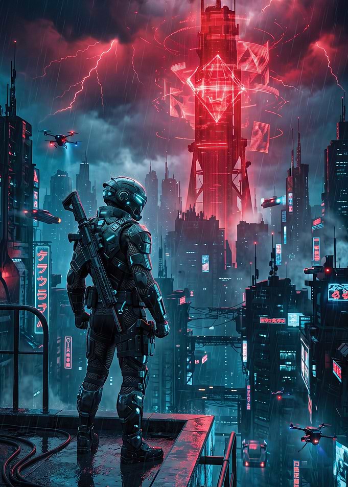 Futuristic Soldier Overlooking Cyberpunk City