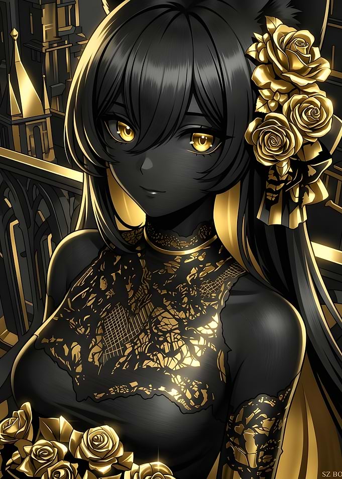 Elegant Anime Girl with Golden Roses