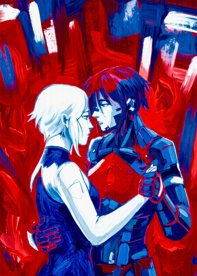 Cybernetic Couple Dancing in Red