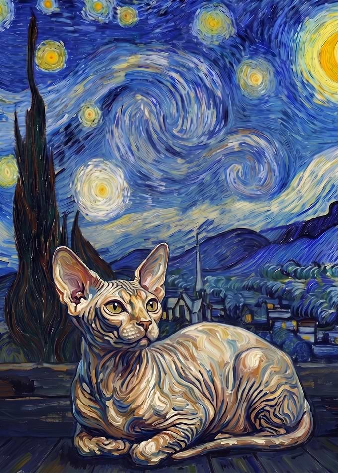 Sphynx Cat in Starry Night Style