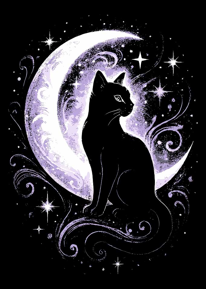 Mystical Black Cat and Crescent Moon Wall Art | Celestial Gothic Fantasy Poster