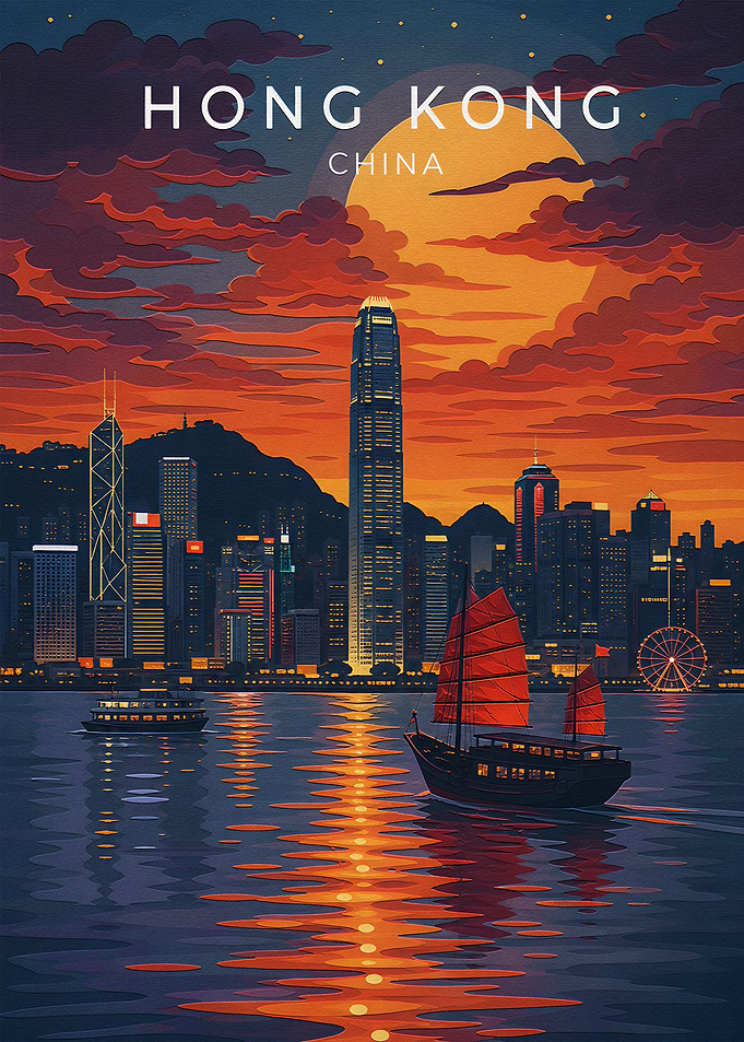 Hong Kong Sunset Travel Poster