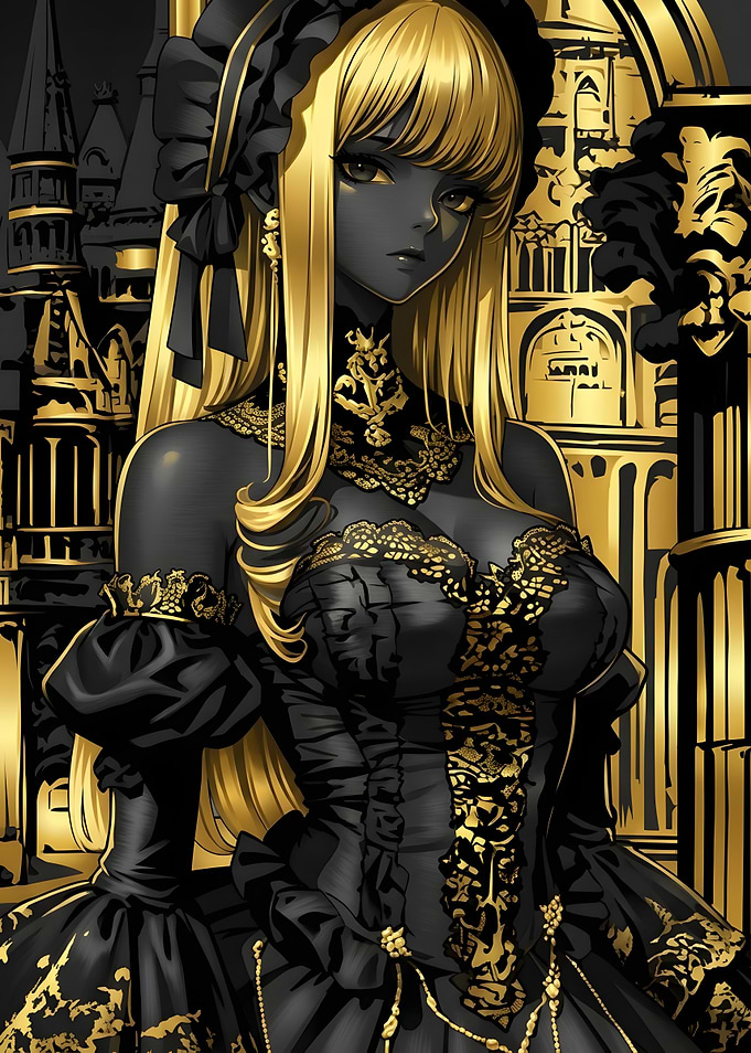 Elegant Gothic Anime Princess in Gold