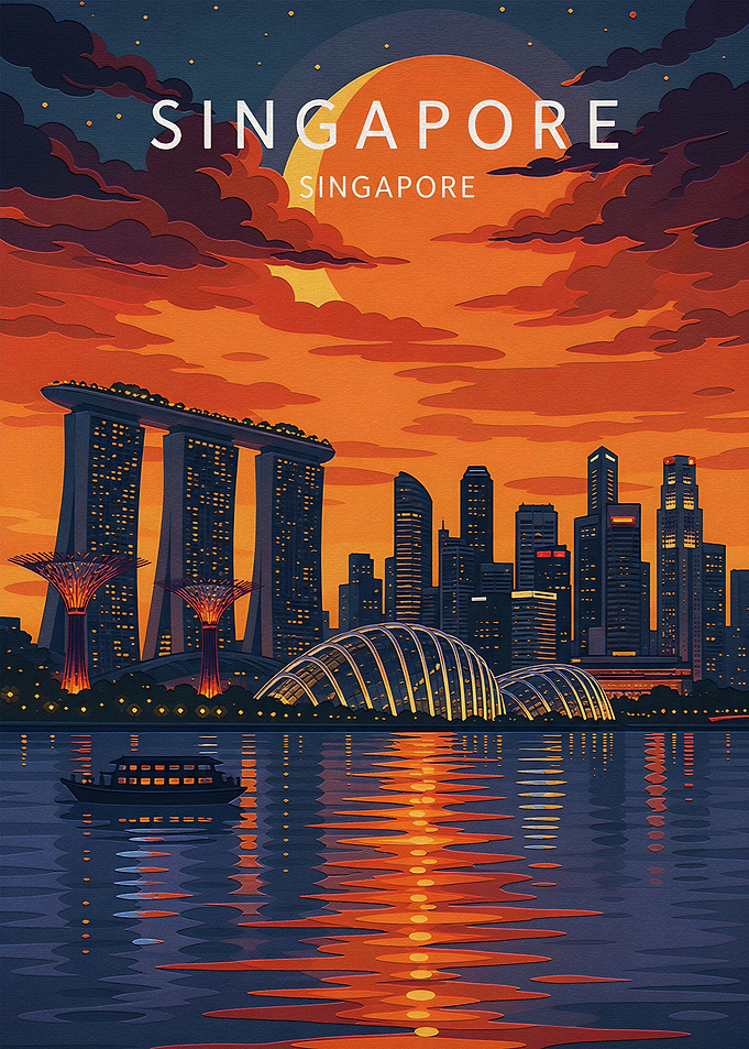 Singapore Skyline Sunset Travel Poster
