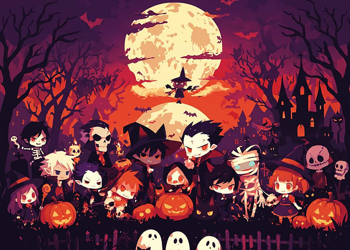 Chibi Halloween Characters Night Scene