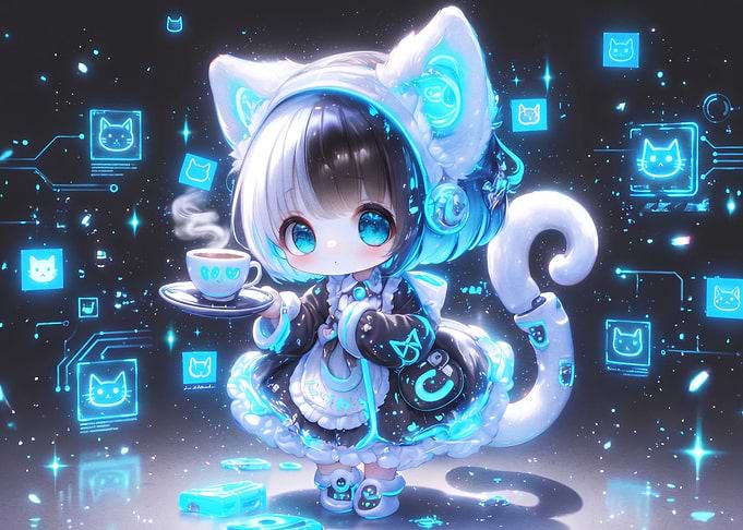 Cyberpunk Chibi Cat Girl with Coffee