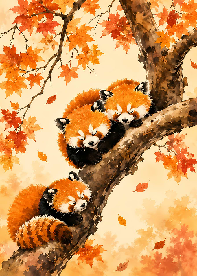 Three Sleeping Red Pandas in Autumn