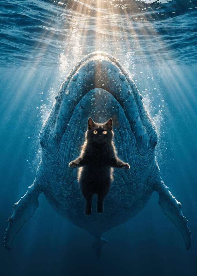 Black Cat Floating Before Giant Whale