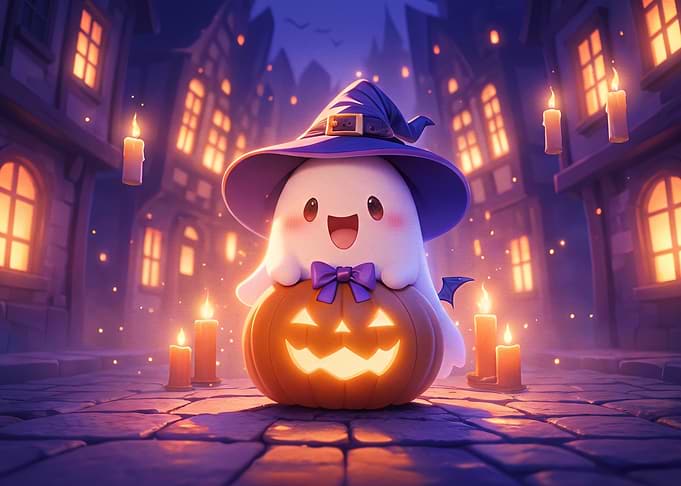 Cute Ghost Sitting on Halloween Pumpkin