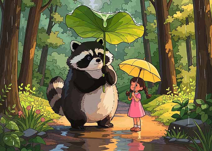 Raccoon and Girl in Rain